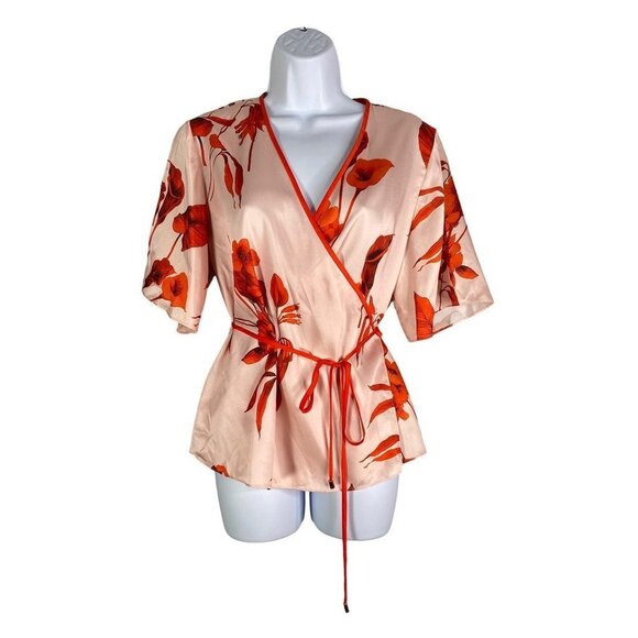 Ted Baker Womens Fantasia Wrap Top Peach Floral Half Sleeve Trimmed 3 / US M New - Picture 2 of 9